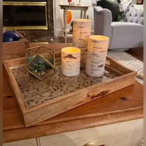 Carved Wooden Serving Tray w/ Glass Insert 17x14 Boho Ornate Decor